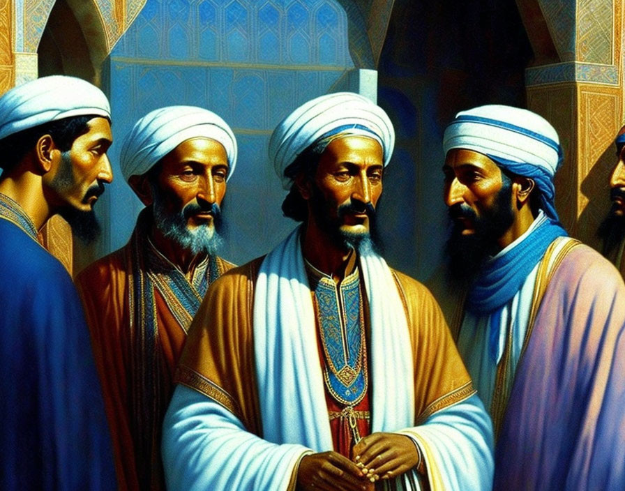 Men in traditional Middle Eastern attire discussing in ornate room