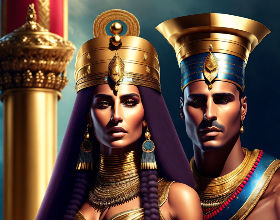 Egyptian Pharaoh and Queen Artwork with Traditional Attire