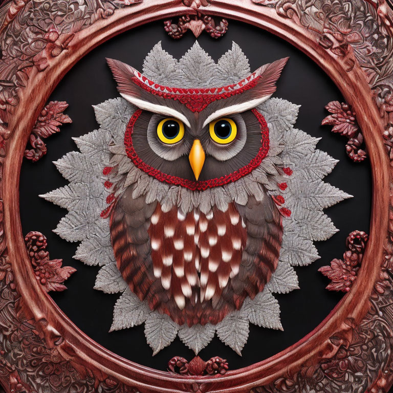 Red gray owl, endless detail, wood carving with in