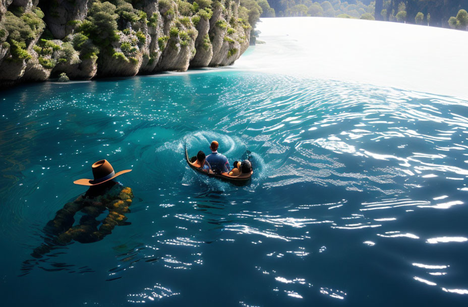 Three People Canoeing on Clear Blue Water Near Forested Cliff