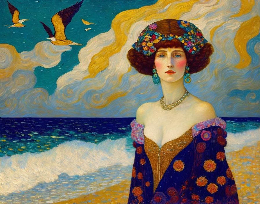 Woman in Flower Hat and Blue Dress Surrounded by Swirling Sky and Sea