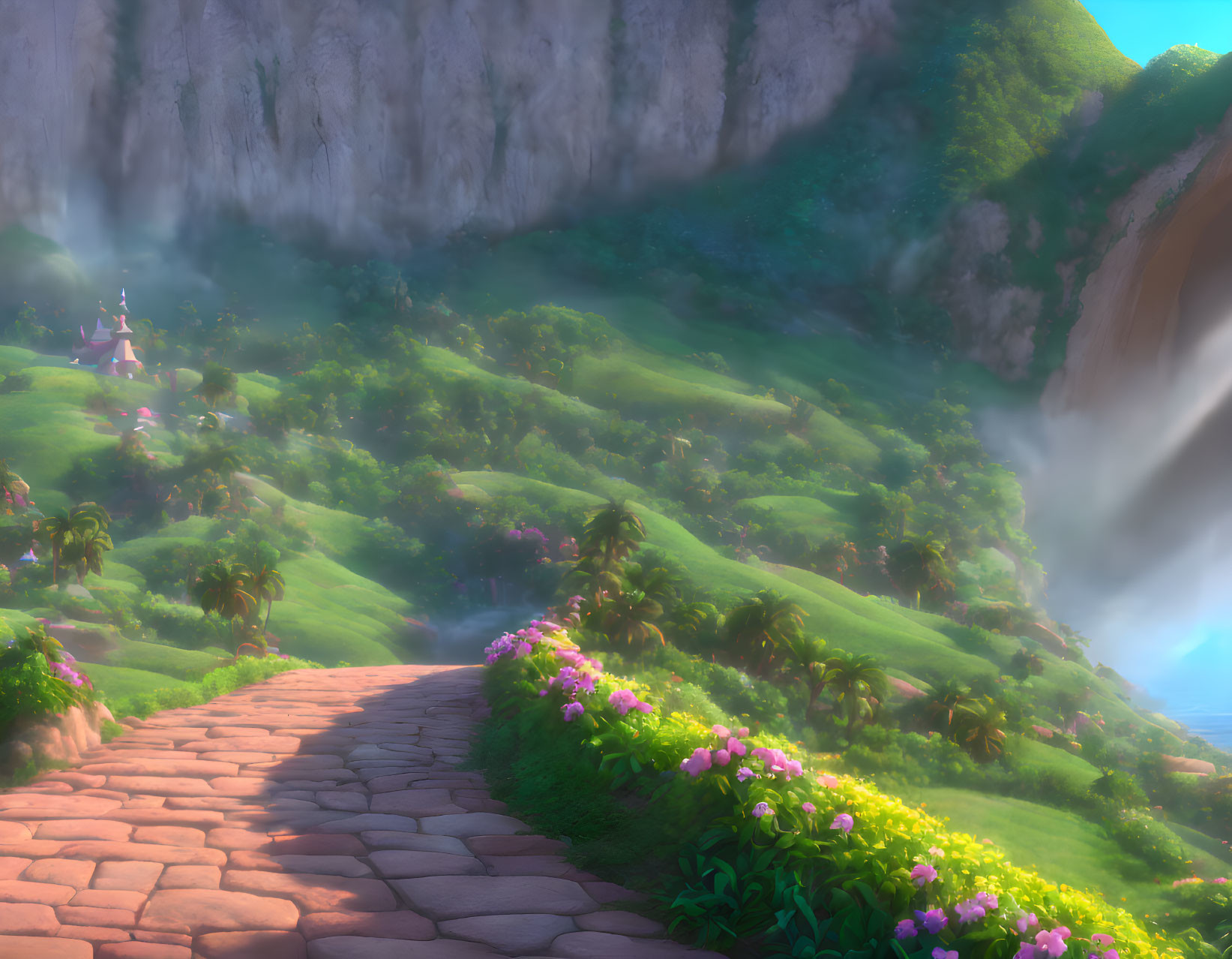 Scenic cobblestone path in lush valley with waterfall, flowers, and distant castle