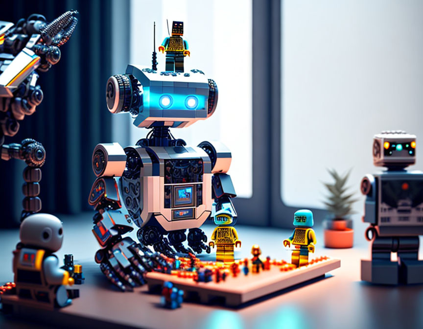 Colorful robots and lego-like figures in a tech-filled scene