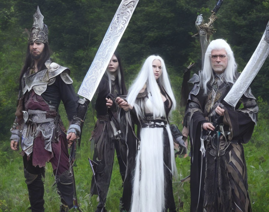 Fantasy Costumed Individuals with Weapons in Forest