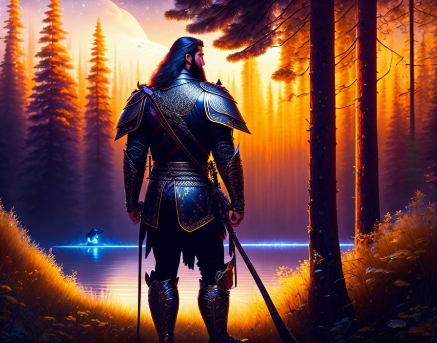 Knight in ornate armor gazes at mystical forest light at sunset