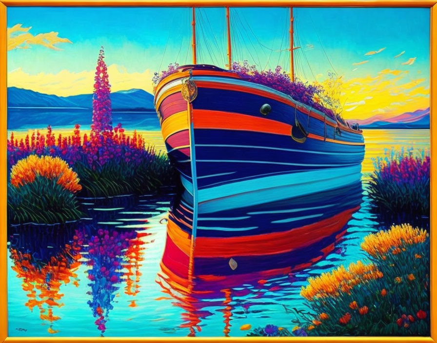 Colorful Boat Painting on Calm Waters with Sunset Sky
