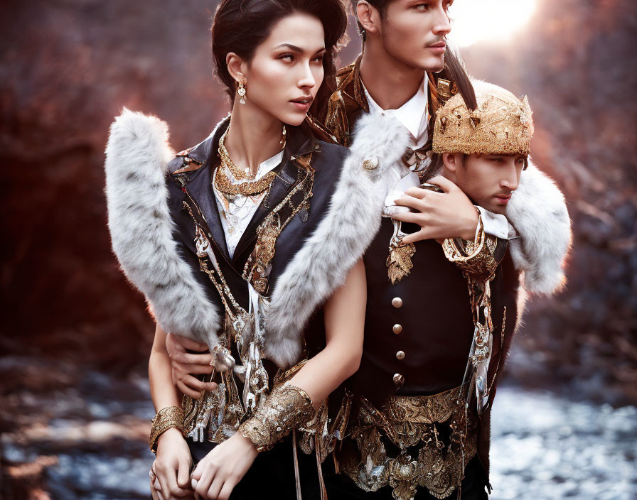 Three individuals in royal attire with fur and gold details against a rocky backdrop.