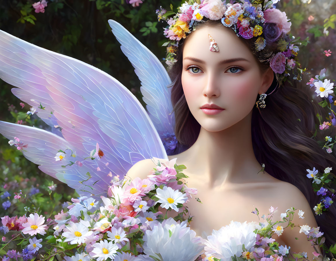 Fantasy fairy with translucent wings in floral setting.