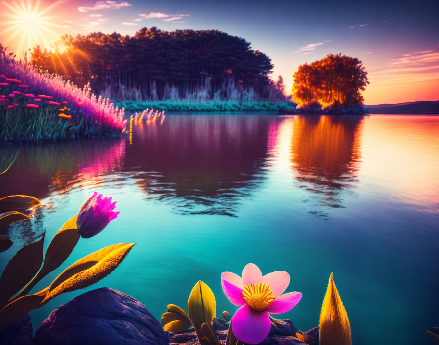 Scenic sunrise over calm lake with pink flowers and colorful trees