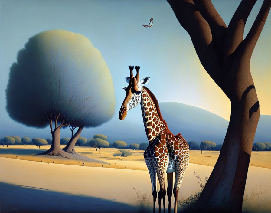 Tranquil landscape with giraffe, trees, and bird at twilight