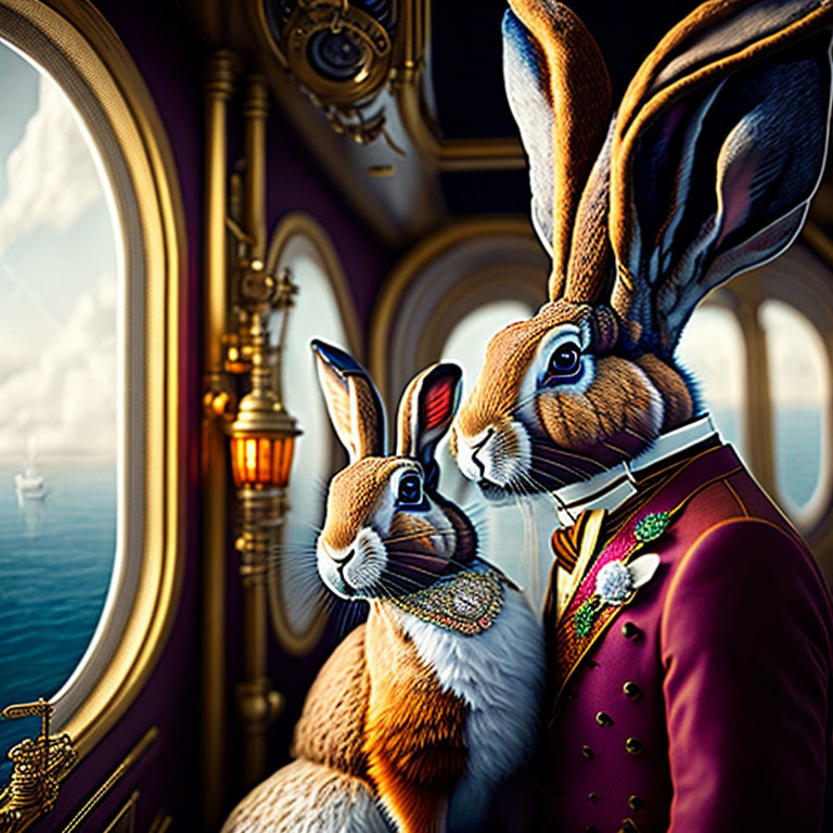 Anthropomorphic rabbits in aristocratic attire inside a luxurious cabin with a sea view.