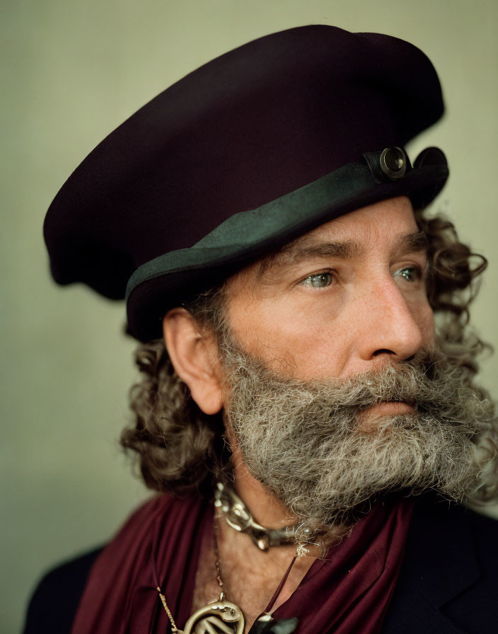 Curly-haired man with gray beard in beret and cameo necklace gazes sideways.