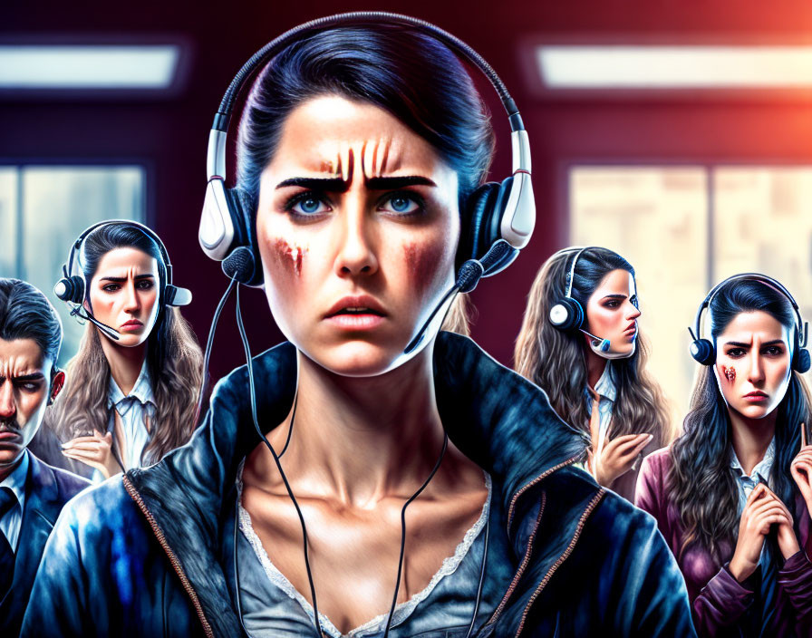 Digital artwork: Woman with headphones and bloodstain, surrounded by dispassionate people.