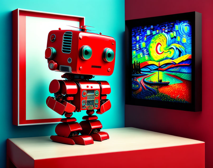 Red humanoid robot on white surface with teal wall art