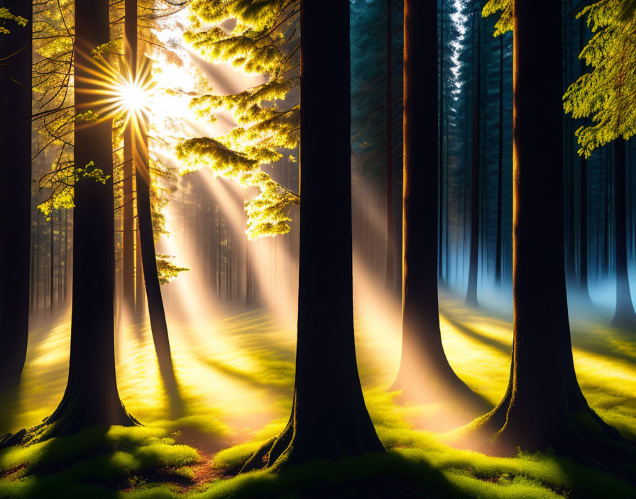 Misty forest with sunbeams creating mystical atmosphere