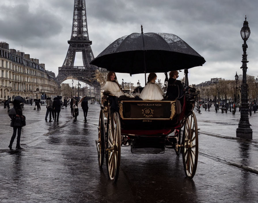 Historical carriage with passengers on wet cobblestone street near Eiffel Tower.