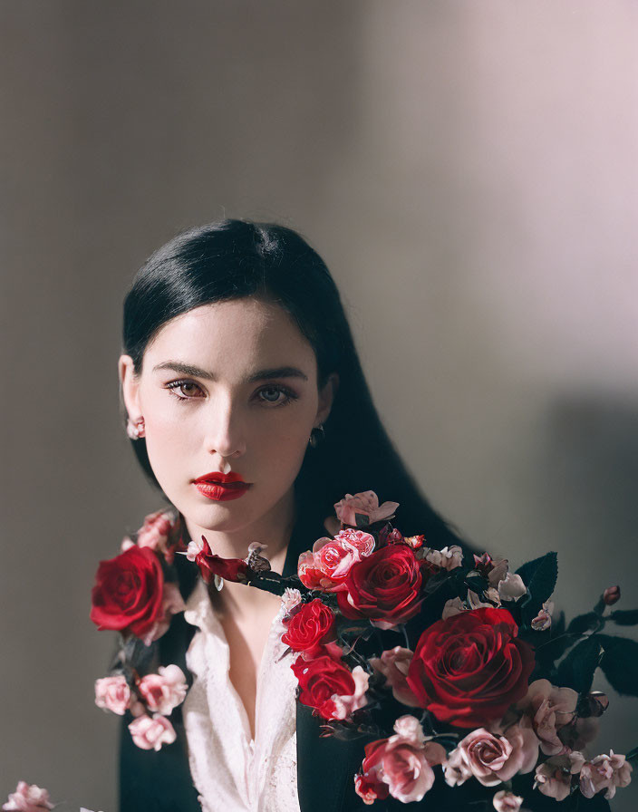 Dark-haired woman with red lipstick surrounded by red roses on neutral background