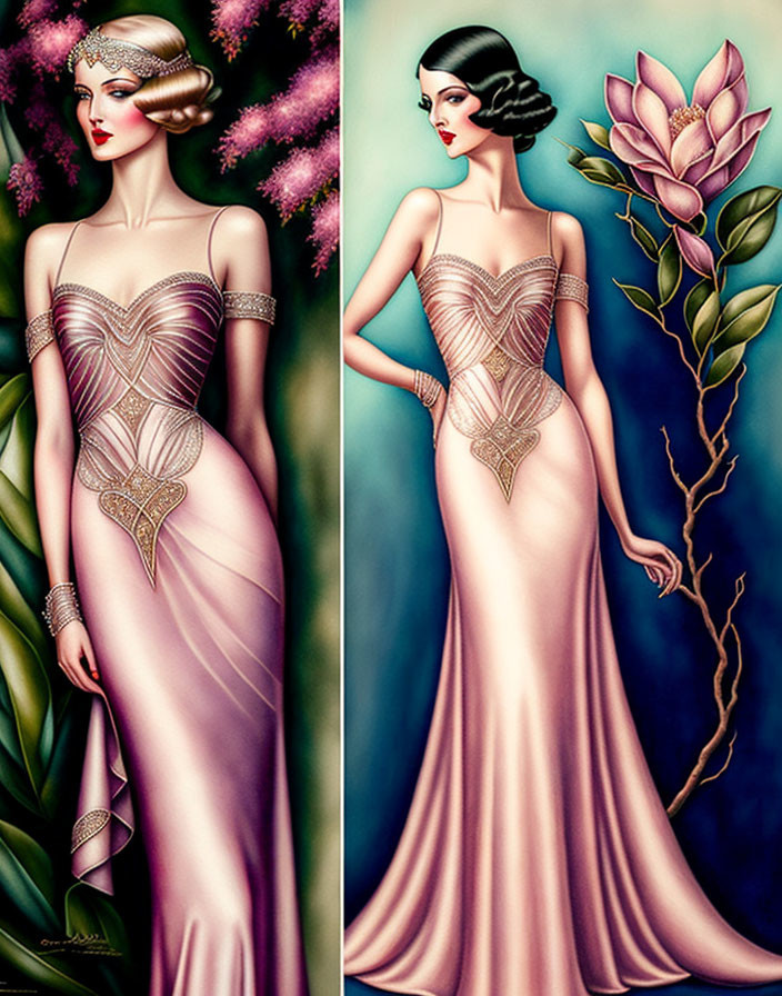 Stylized illustration of woman in pink vintage gown with Art Deco design and blooming flowers