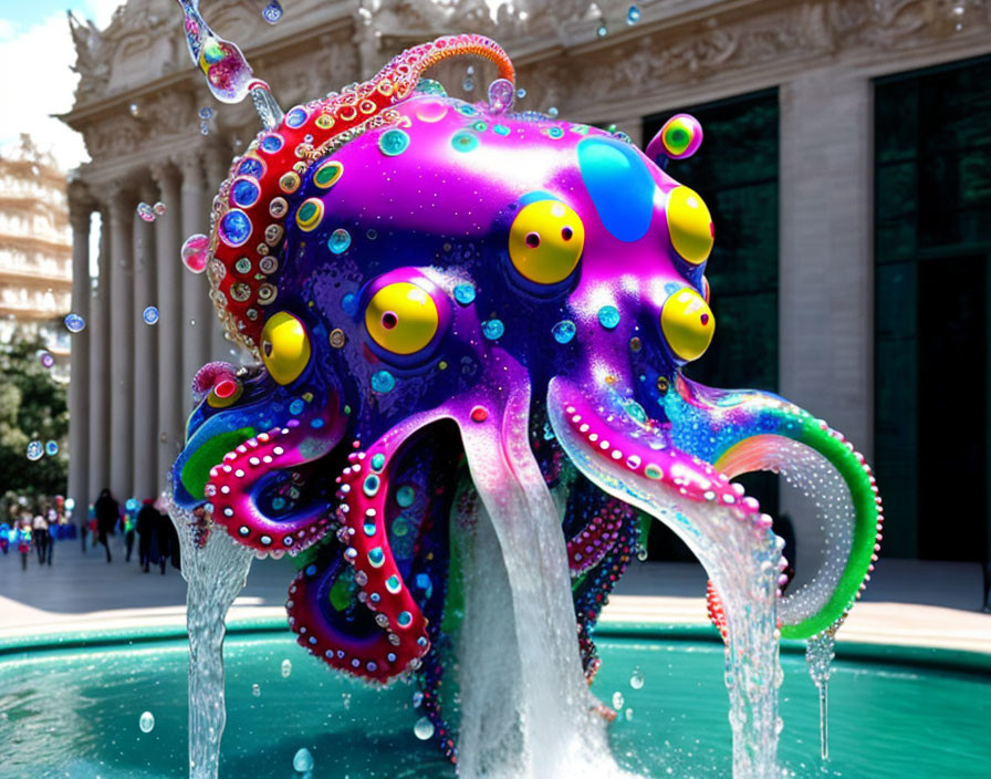 Colorful Multi-Eyed Octopus Artwork Against Classical Building