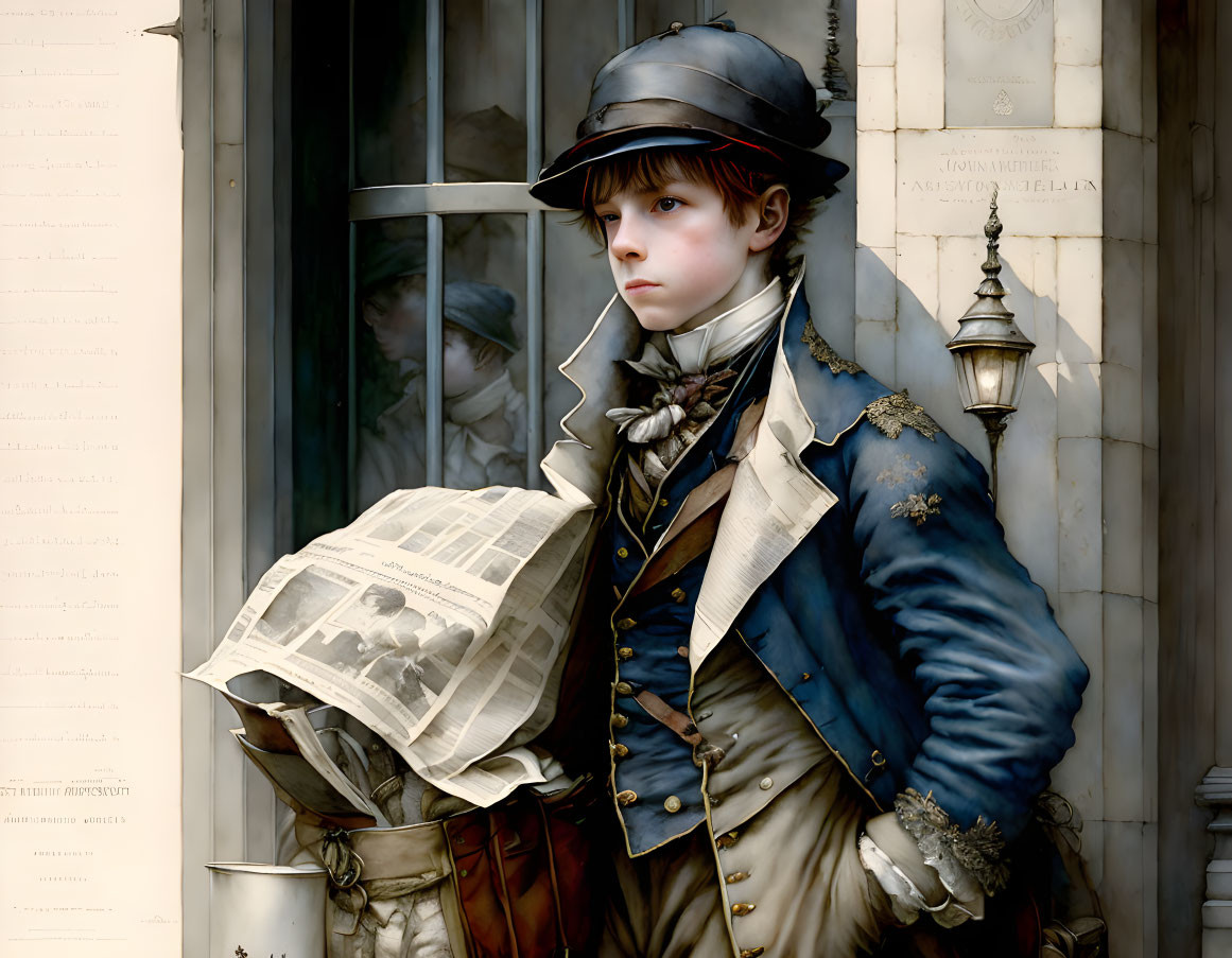 Young boy in historical attire leaning against pillar with newspaper