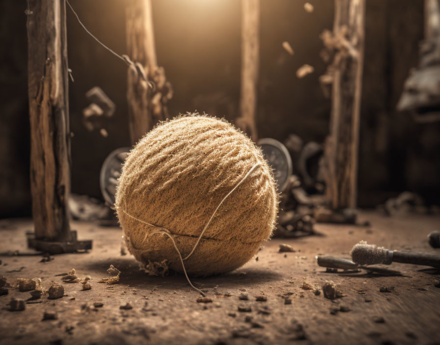 Weathered cricket ball on dusty surface under warm diffused light