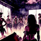Detailed illustration of woman in dimly lit room with muscular men and graffiti.