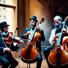 Elegant musicians in formal attire playing violins and cello in warm-lit hall