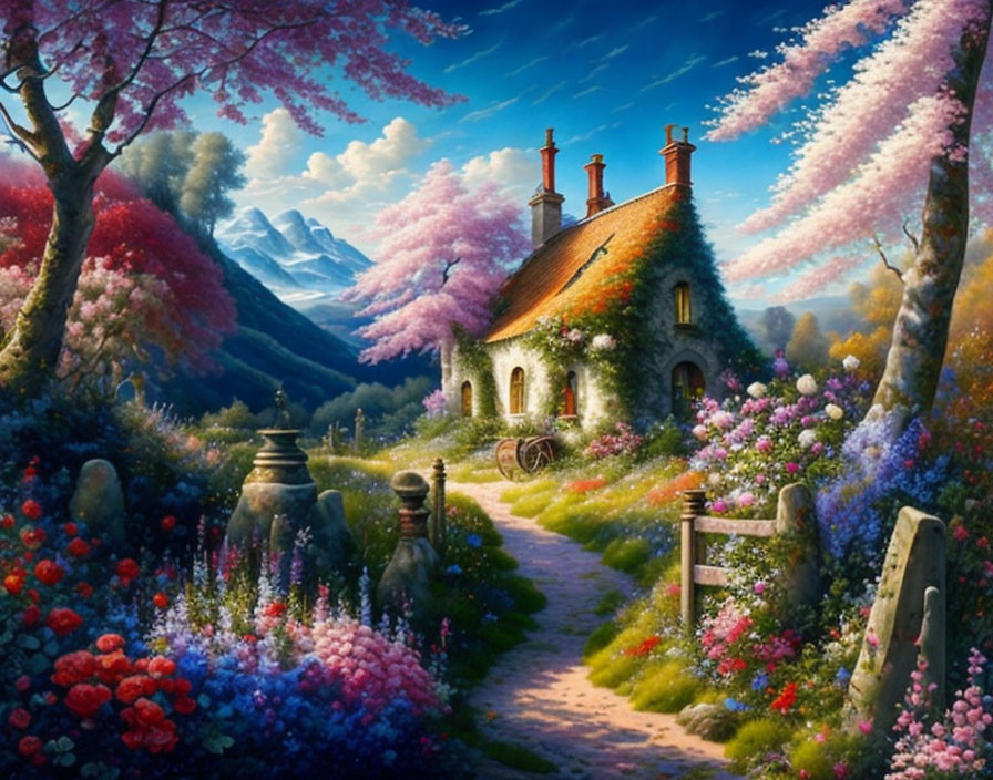 Charming cottage with blooming flowers and mountain view