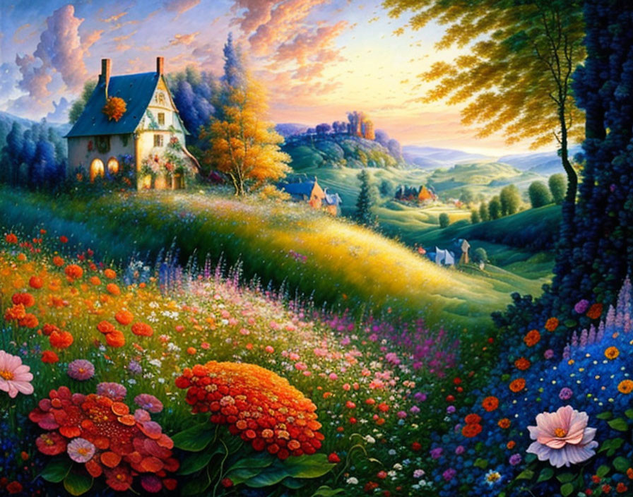 Colorful sunset sky over rolling hills with cottage and lush flora