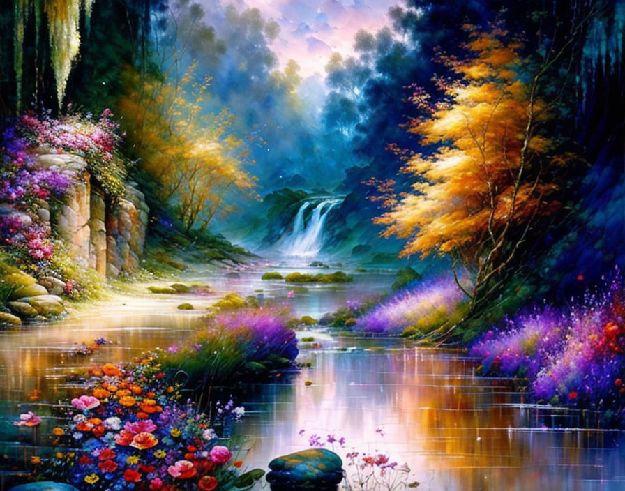 Scenic landscape with waterfall, river, lush vegetation, and flowers at twilight