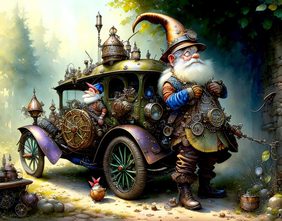 Whimsical gnome with steampunk carriage in enchanted forest