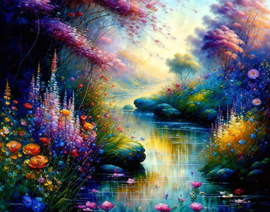 Colorful Landscape Painting of Serene River and Flower-Filled Banks