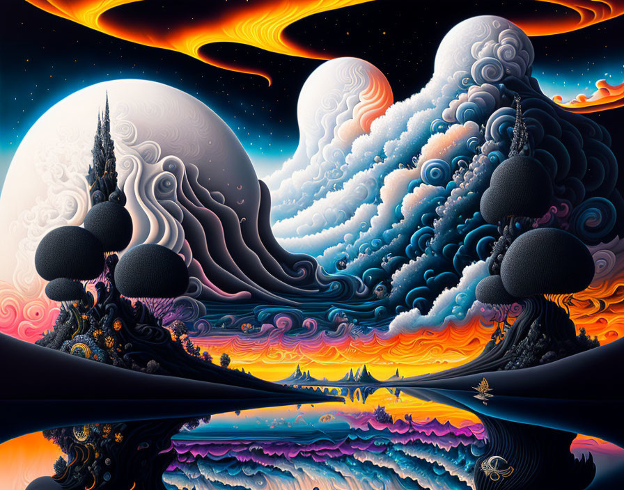 Colorful surreal landscape with swirling clouds, celestial bodies, towers, and boat.