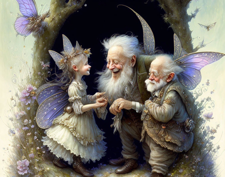 Illustration of young and elderly fairies sharing a handshake in a magical setting
