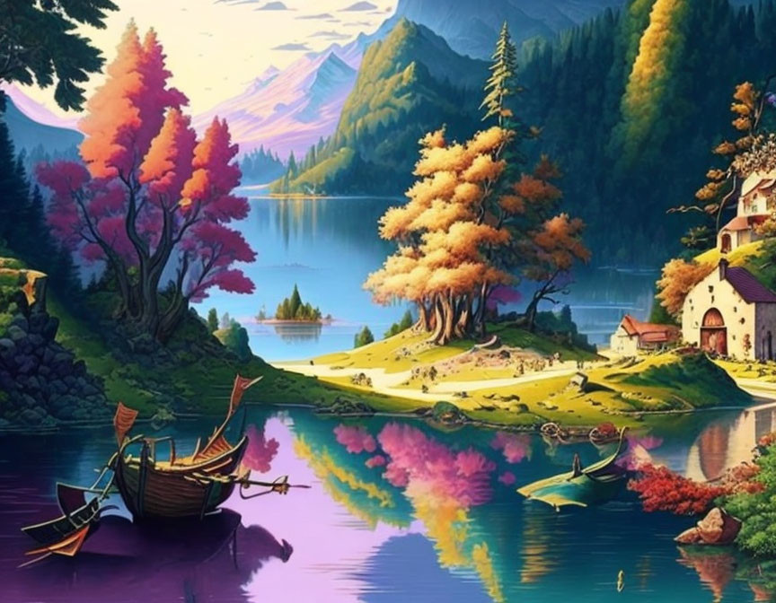Colorful Lakeside Landscape with Autumn Trees and Boats
