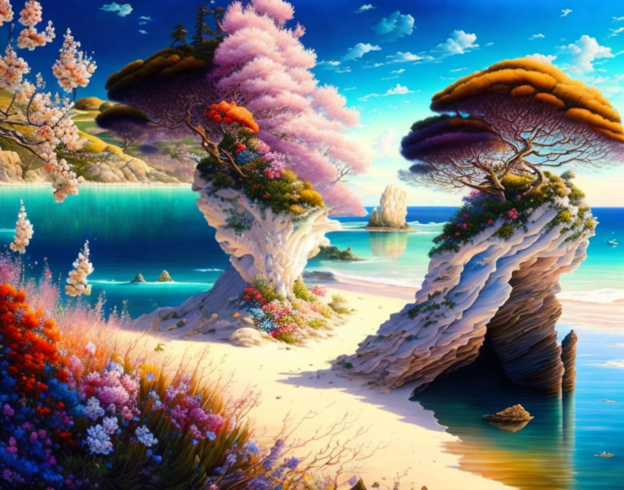 Fantasy landscape with pink trees, rock formations, blue sea, and sandy beach