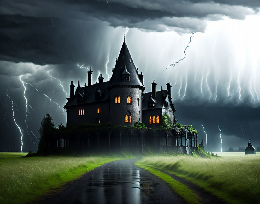 Gothic castle illuminated by warm lights under stormy sky