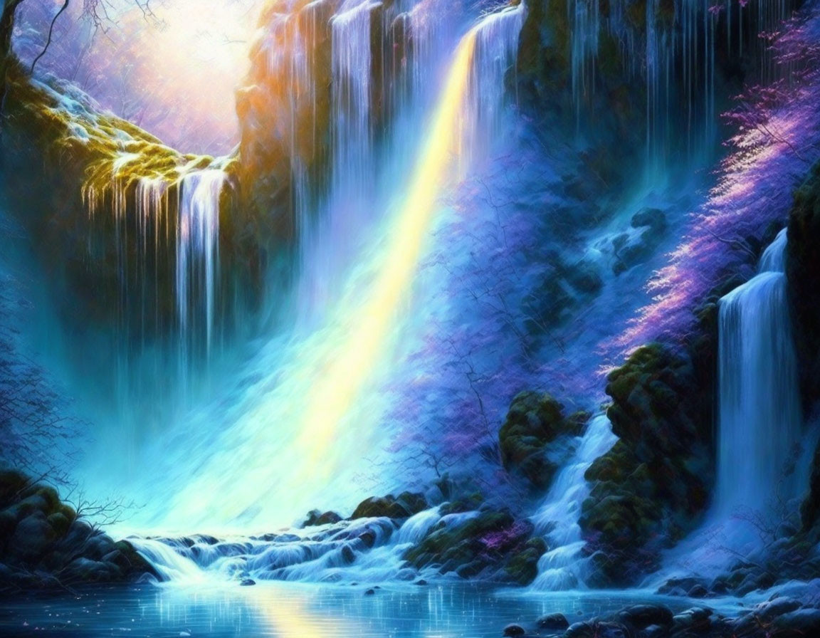 Colorful Digital Artwork: Mystical Waterfall with Sunlight Beam