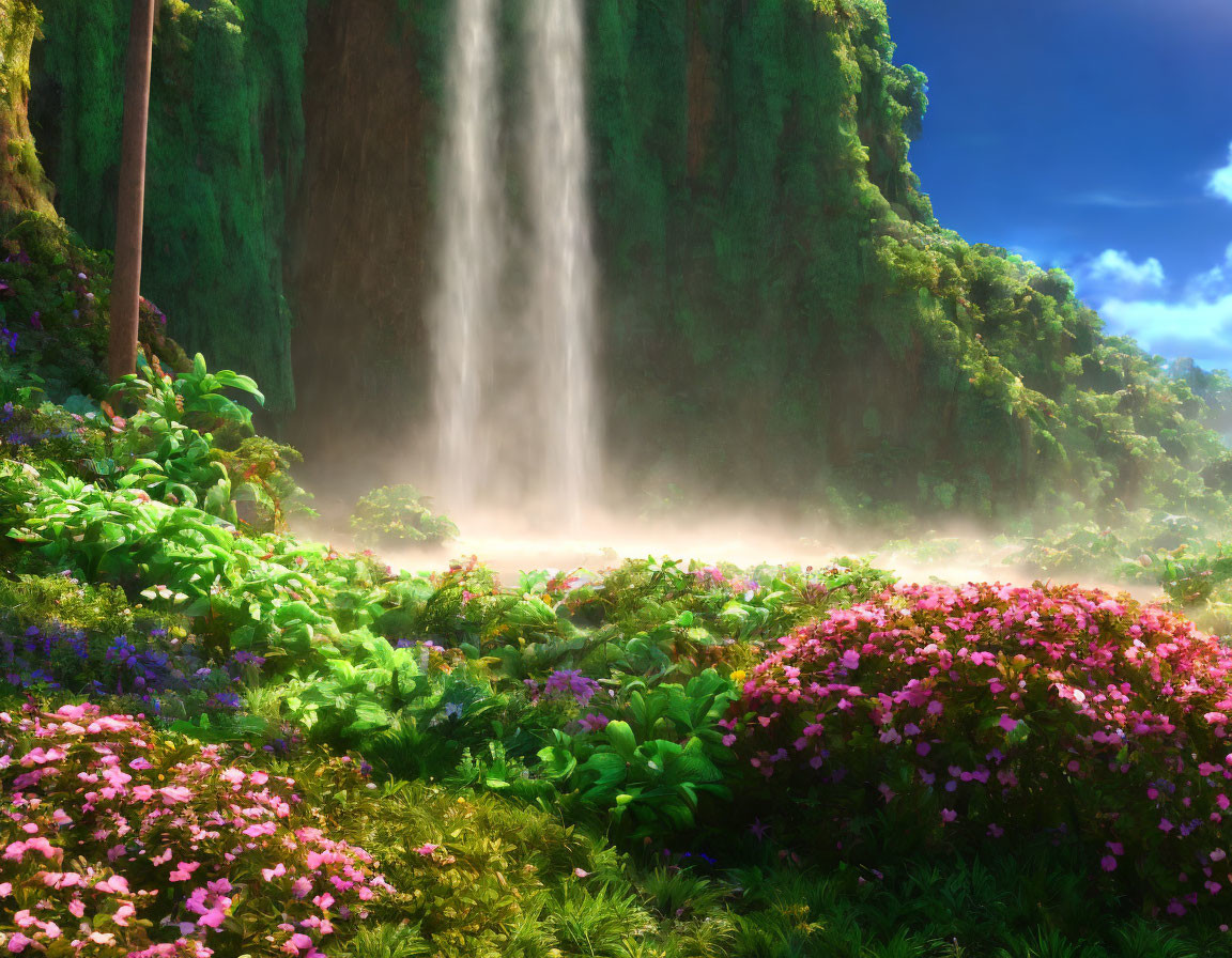 Vibrant waterfall with colorful flowers and lush green foliage