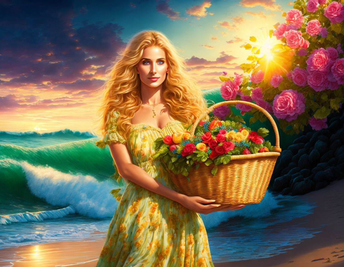 Woman with Golden Hair on Beach Holding Flower Basket at Sunset