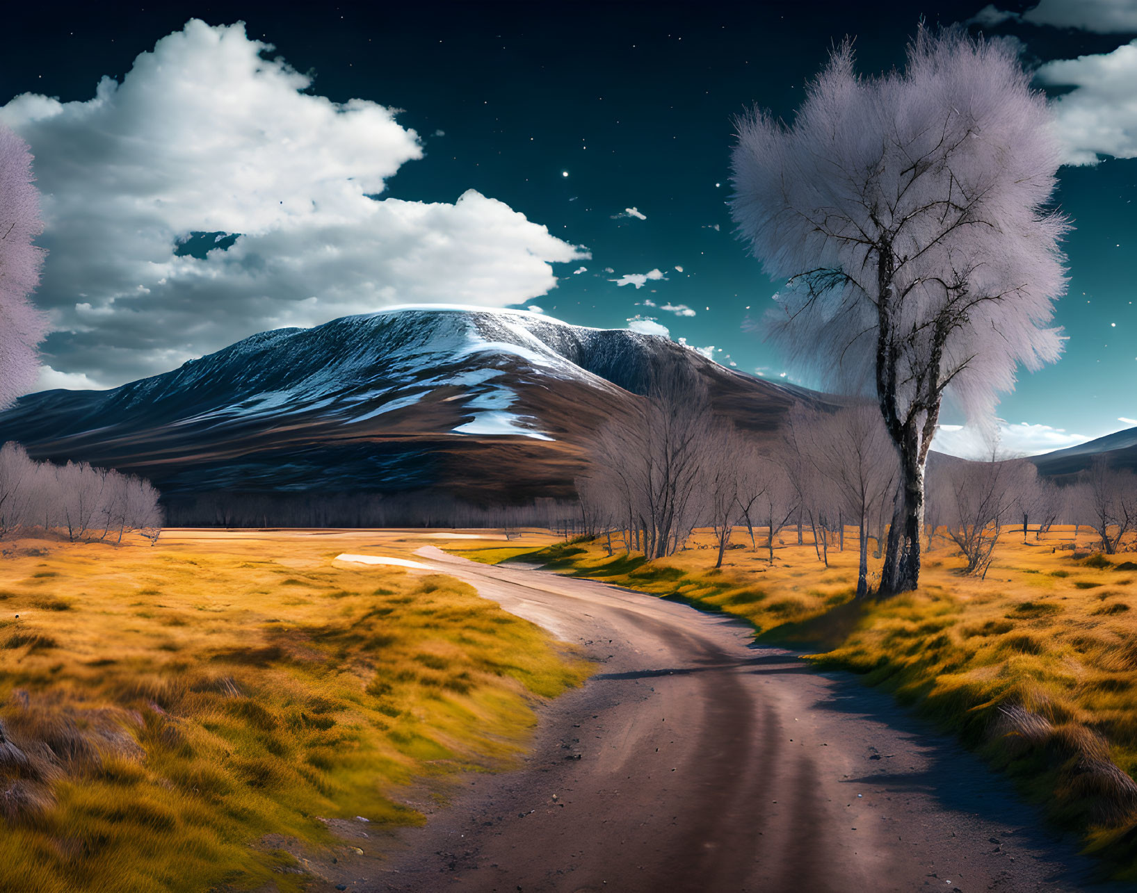 Scenic dirt road through golden field to snow-capped mountain at twilight