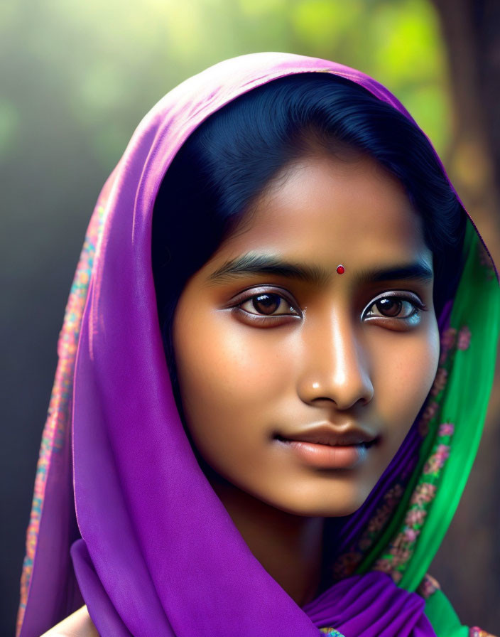 Portrait of a young woman in purple headscarf with red bindi, gazing into the distance