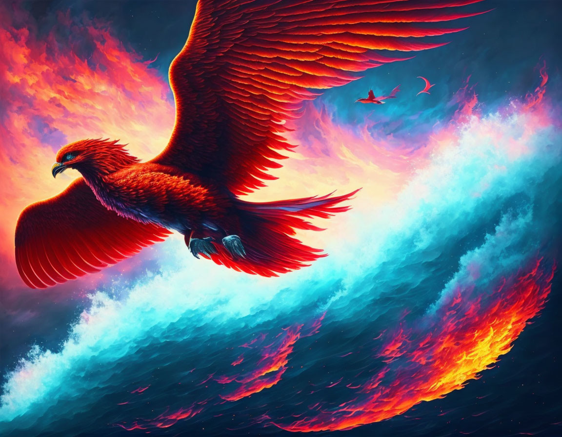 Majestic phoenix with fiery wings in vibrant sky