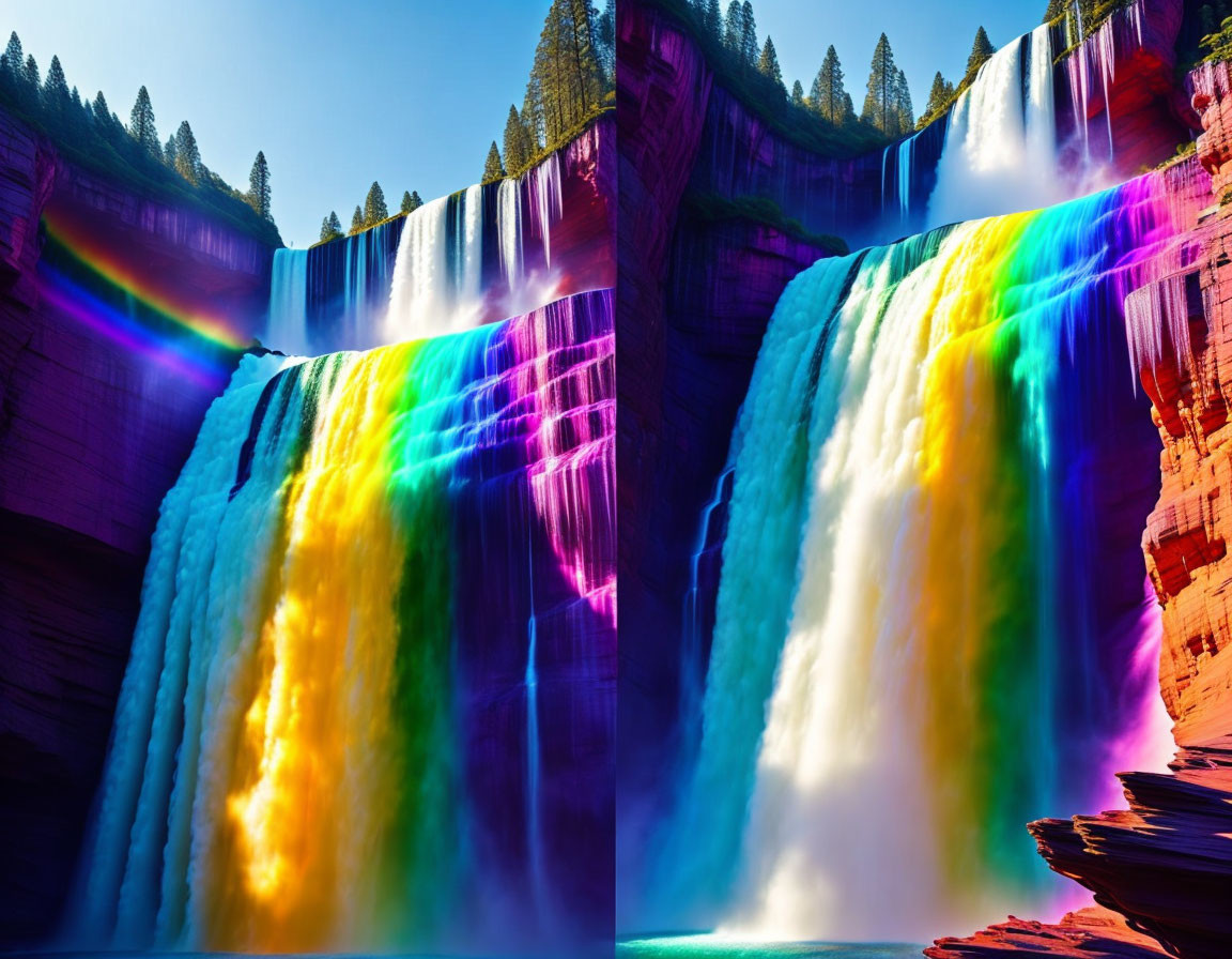 Colorful Rainbow Waterfall Against Sunny Sky and Shadowy Cliffs