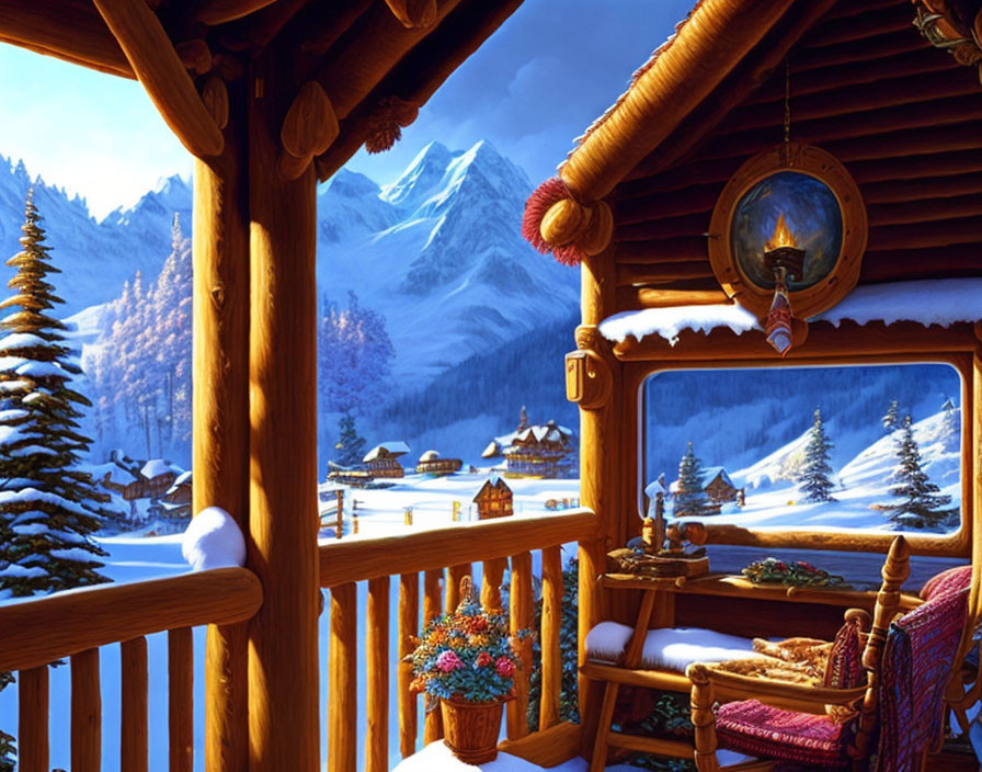 Snowy village with illuminated windows and mountain view from cozy cabin porch