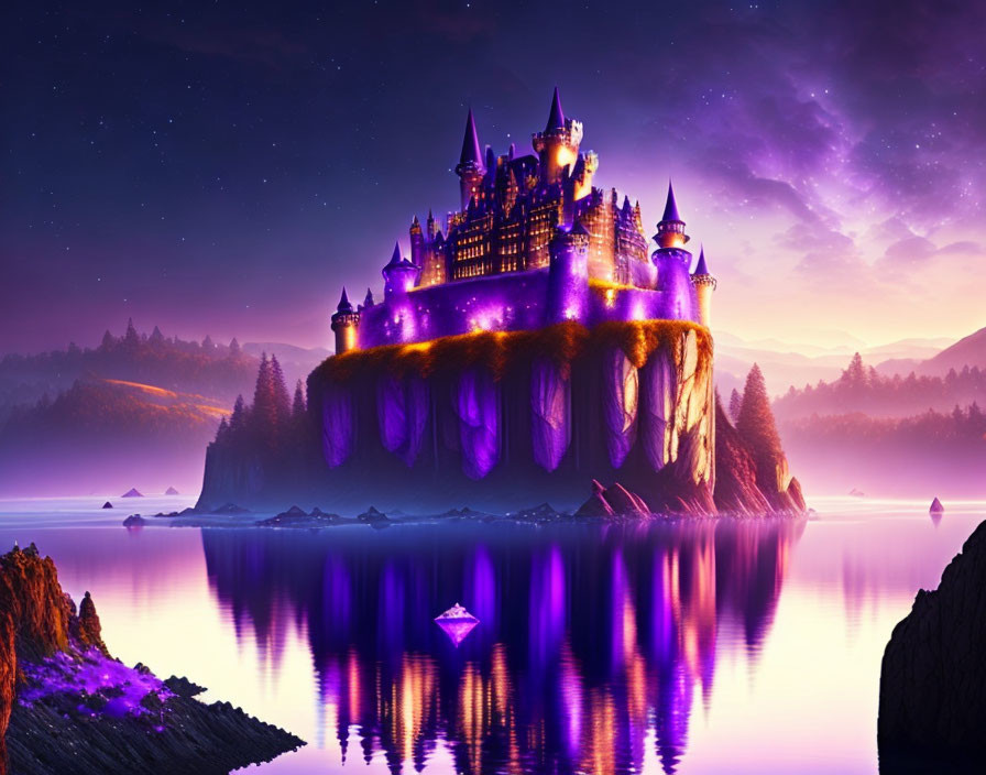 Majestic castle on cliff with purple lighting reflected in water