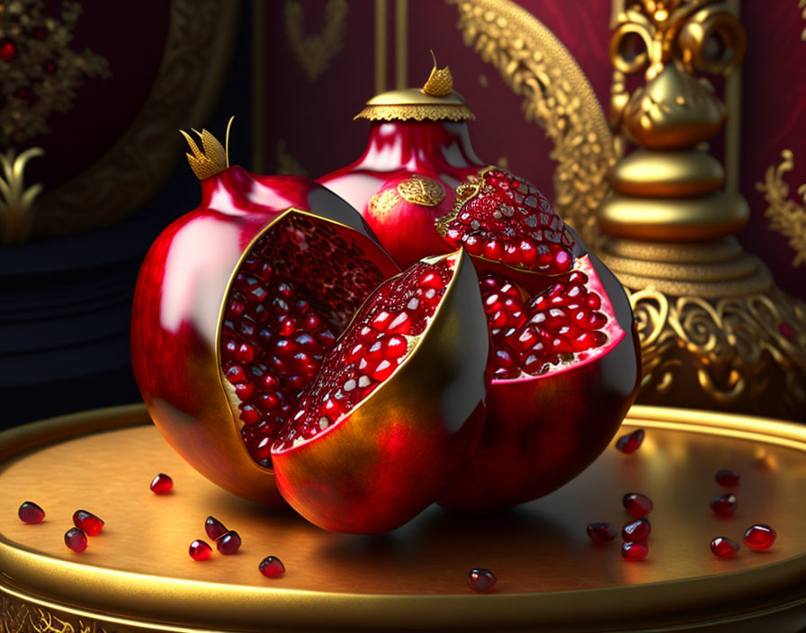 Vibrant red pomegranates digital art on golden tray