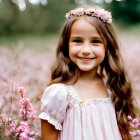 Young girl with floral headband in pink flower field smiling in pink dress