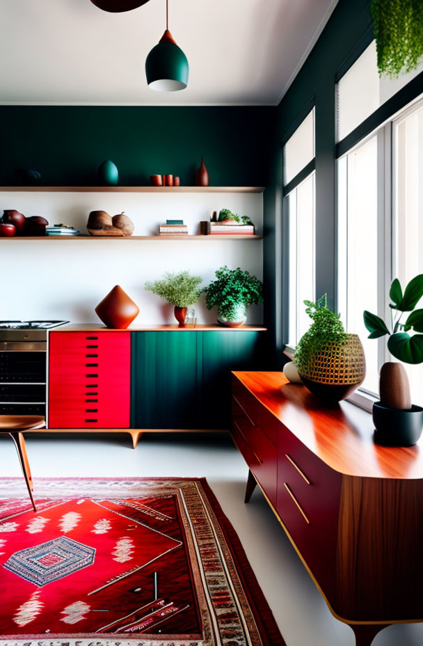 Colorful Interior with Red Rug, Black Furniture, Decorated Shelves, and Green Hanging Lamp