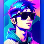 Colorful Anime-Style Illustration: Blue-Haired Person with Sunglasses and Headphones